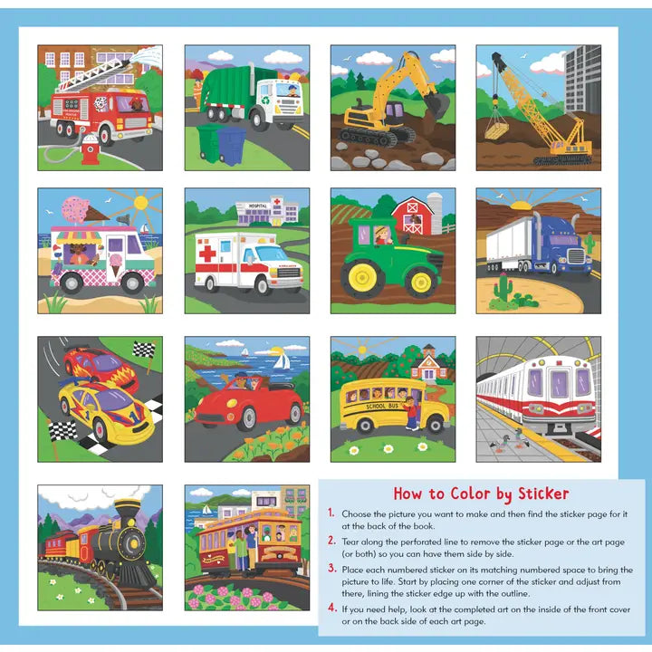 Color by Sticker Cars, Trucks & Trains